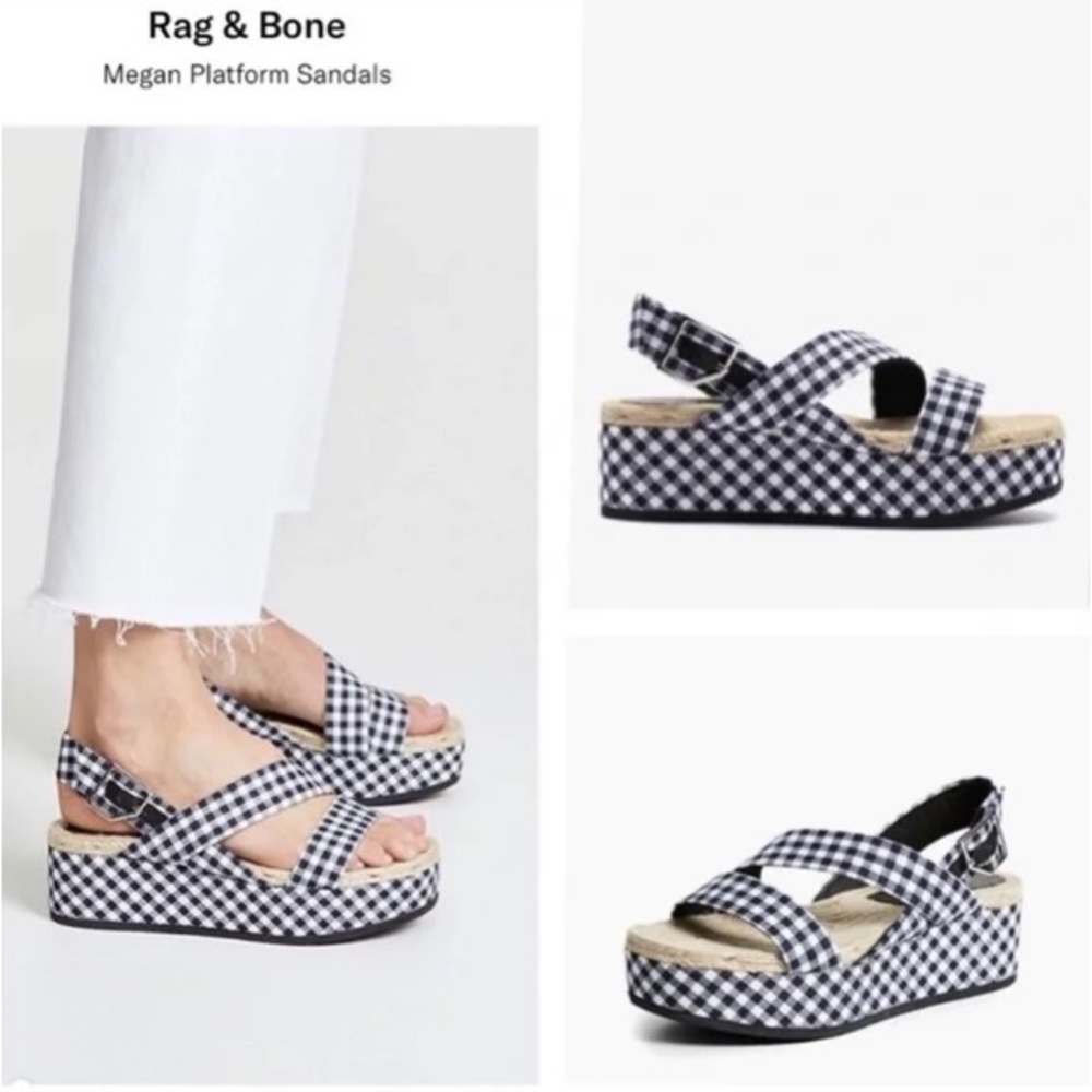 Rag & Bone Navy Gingham Ankle Strap Megan Platform Sandals 5/35 Blue White
